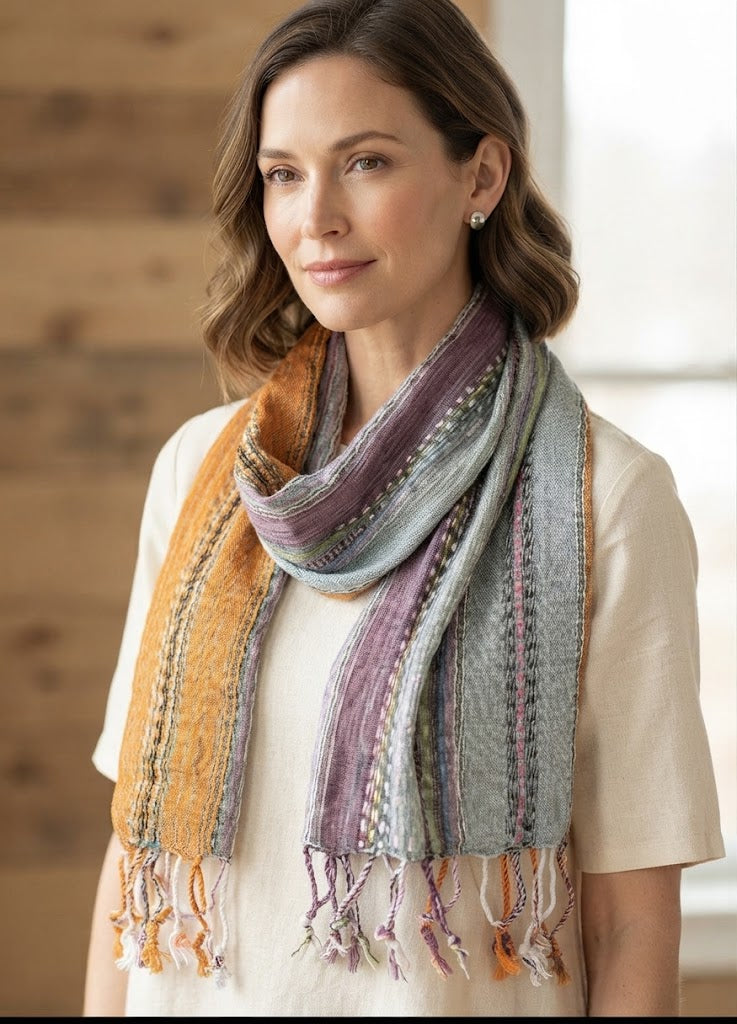A woman is wearing a softly textured woven scarf featuring vertical stripes in shades of light blue, copper orange, and mauve, finished with short fringe tassels at both ends.