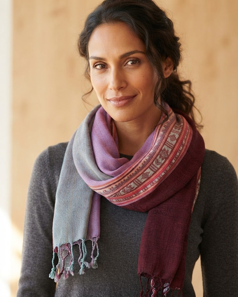 A woman wearing the Handmade Cotton Net Scarf – Plum & Burgundy Woven Stripe, wrapped around her neck over a dark top.