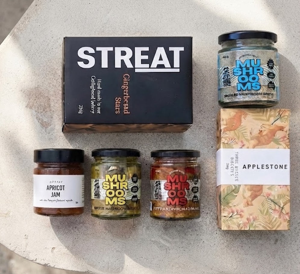 The Foodie Box Hamper with Australian artisan foods including mushroom delicacies, biscuits and gourmet treats