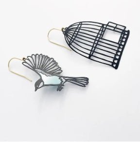 Denz Birdcage & Bird Earrings in Black & Duck Egg, angled view