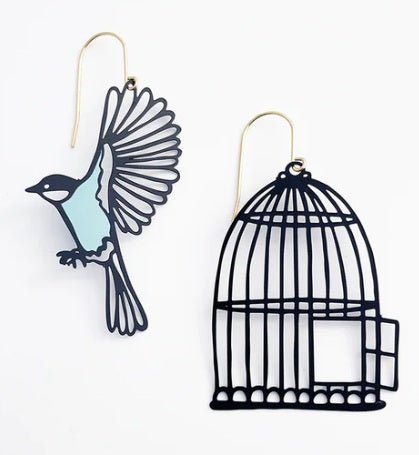 Denz Birdcage & Bird Earrings in Black & Duck Egg
