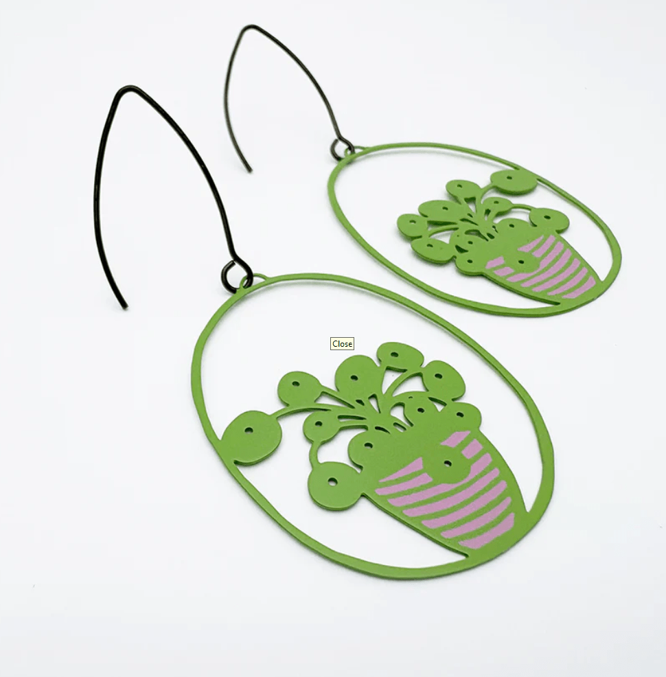 Denz + coDENZ Midi Pilea plant earrings in Bright Green/Pink same day gift delivery melbourne
