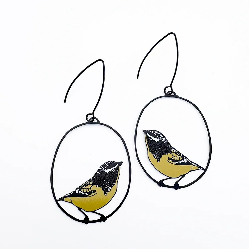 Denz + coDENZ Spotted Pardalote Earrings in Black, White & Yellow same day gift delivery melbourne