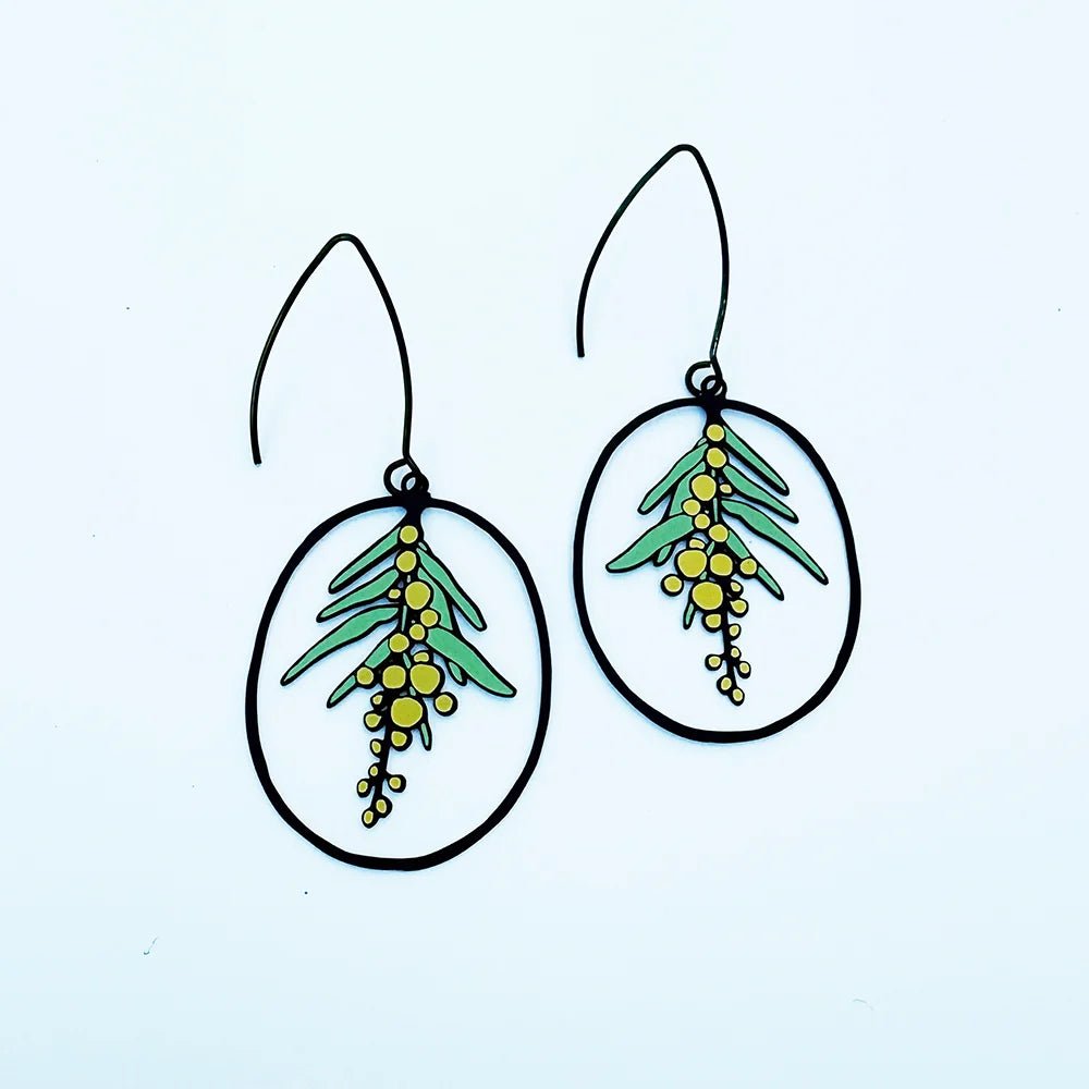 Denz + coDENZ Wattle Flower Earrings in Black/Yellow/Green same day gift delivery melbourne