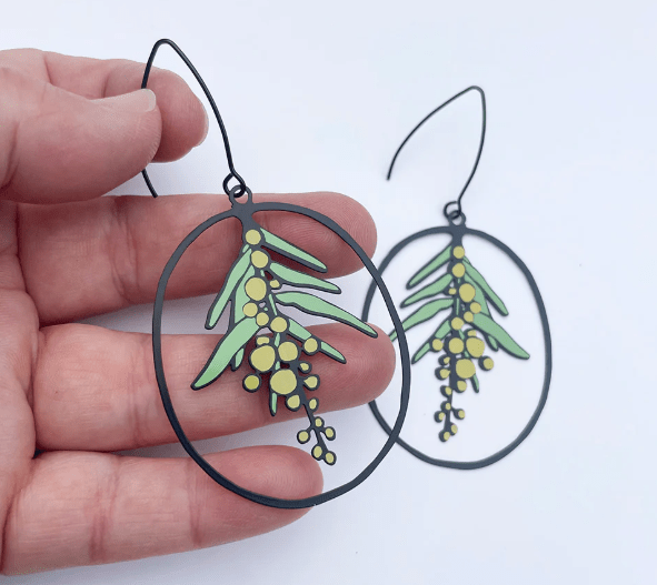 DENZ Wattle Flower earrings in Black/Yellow/Green