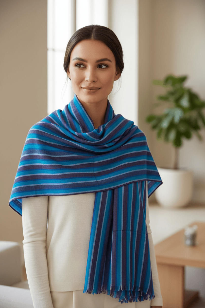 Nine YaksNine Yaks Fine Cashmere Shawl - Teal & Blue Multi Stripe same day gift delivery melbourne