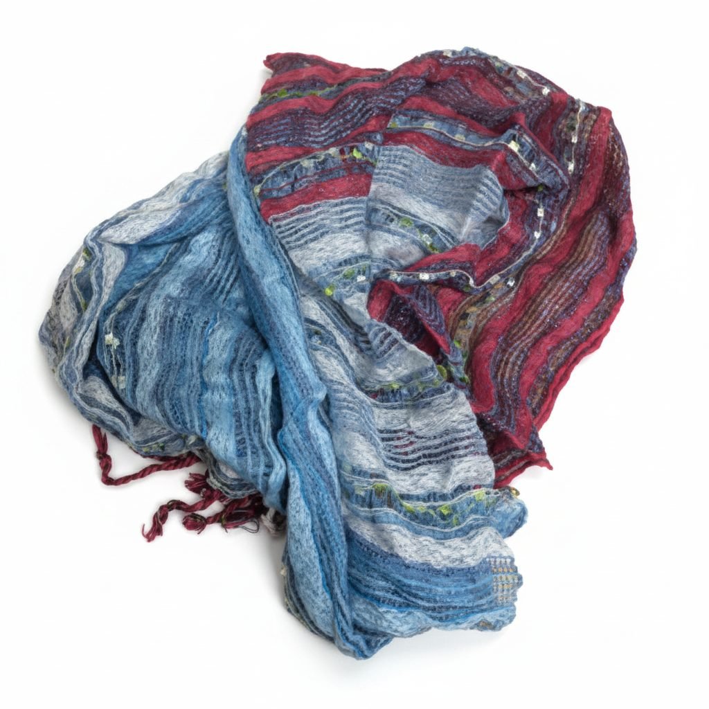 PookipoigaHandmade Cotton Net Scarf - Denim Blue & Burgundy Wavy Stripe same day gift delivery melbourne