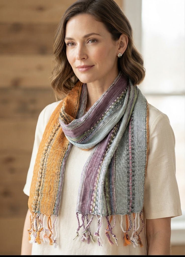 PookipoigaHandmade Cotton Net Scarf - Light Blue, Copper & Mauve Woven Stripe same day gift delivery melbourne