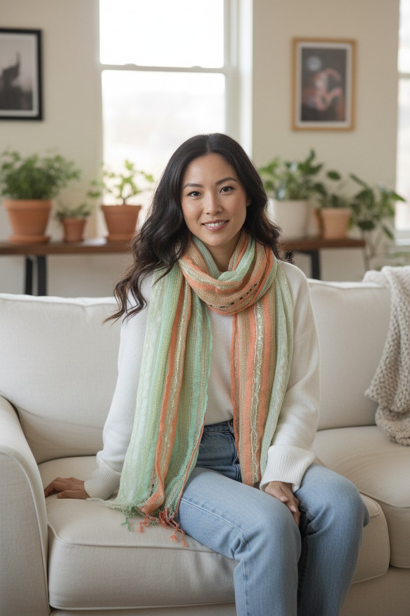 PookipoigaHandmade Cotton Net Scarf - Mint Green, Peach & Gold same day gift delivery melbourne