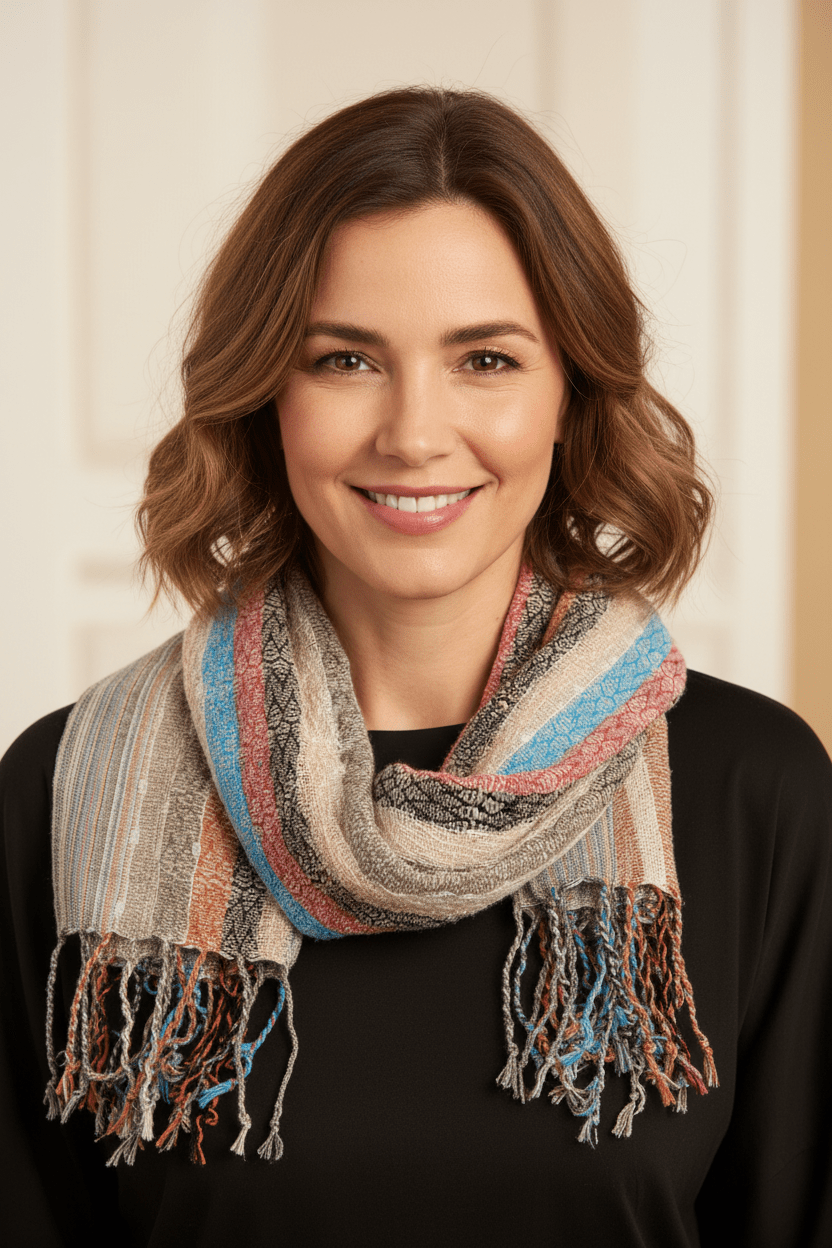 PookipoigaHandmade Cotton Net Scarf - Neutral Earth & Turquoise Diamond Weave same day gift delivery melbourne