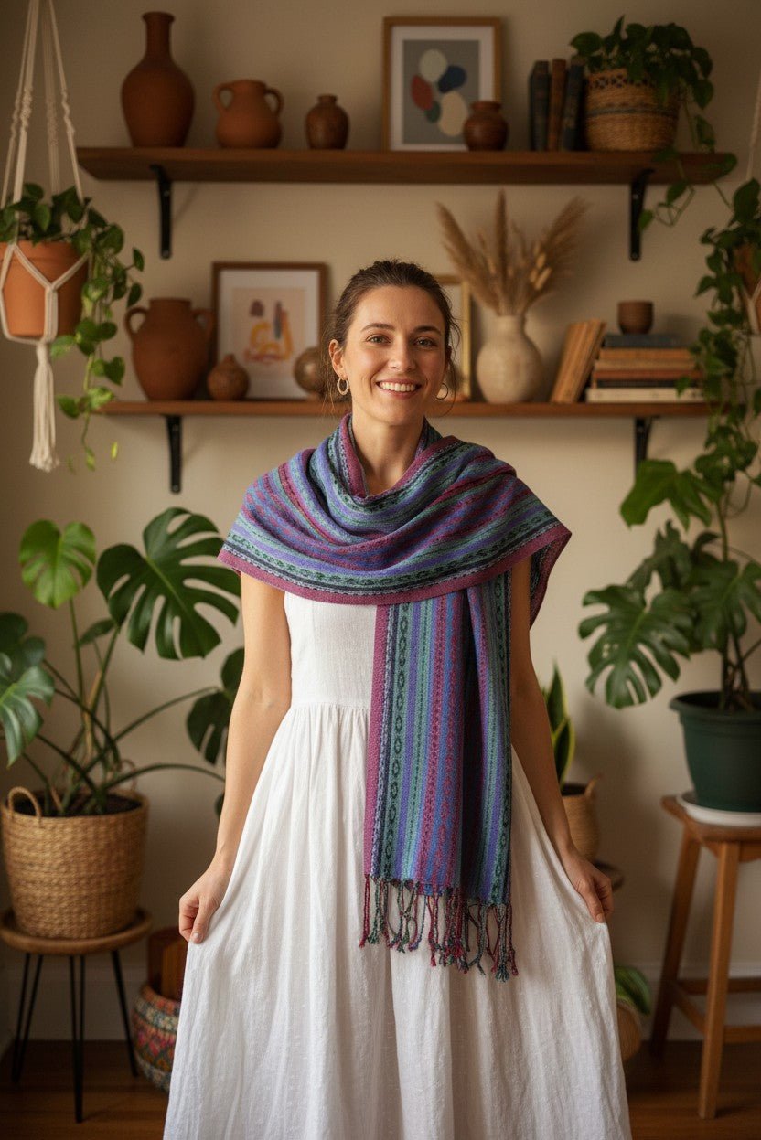 PookipoigaHandmade Cotton Net Scarf - Raspberry & Blue Violet Tribal Stripe same day gift delivery melbourne
