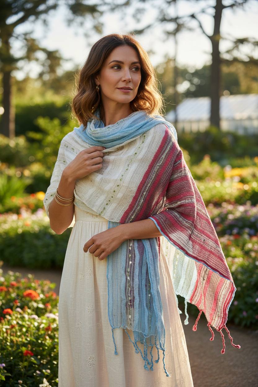 PookipoigaHandmade Cotton Net Scarf - Sky Blue, Cream & Burgundy Stripe same day gift delivery melbourne