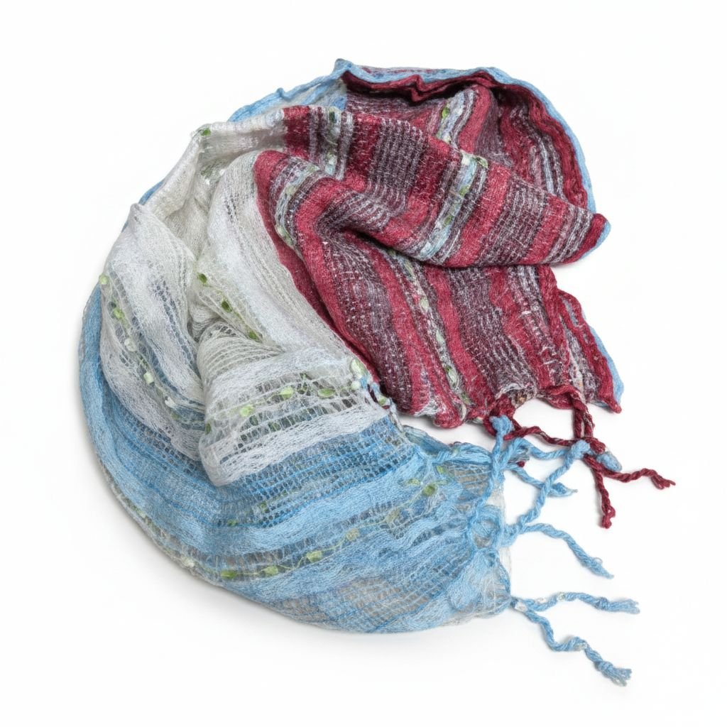 PookipoigaHandmade Cotton Net Scarf - Sky Blue, Cream & Burgundy Stripe same day gift delivery melbourne