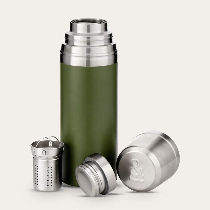 Seed & Sprout 900ml Insulated Stainless Steel Drink Flask | Tea Infuser & Cup Lid in Moss.