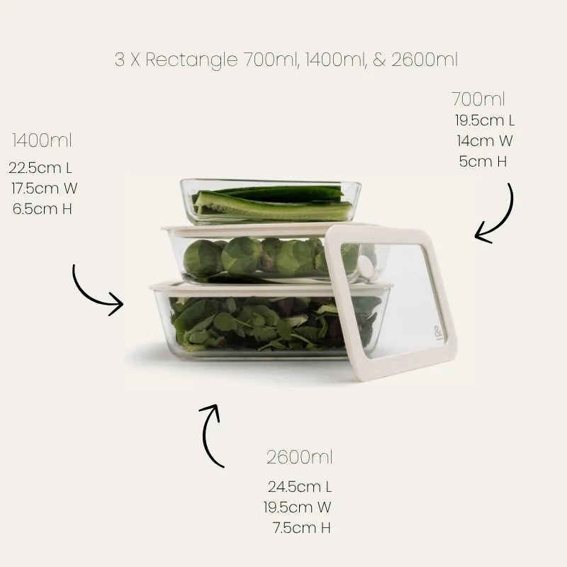 Seed & Sprout Glass Food Containers Rectangle Mixed 3pk sizing and capacity diagram.