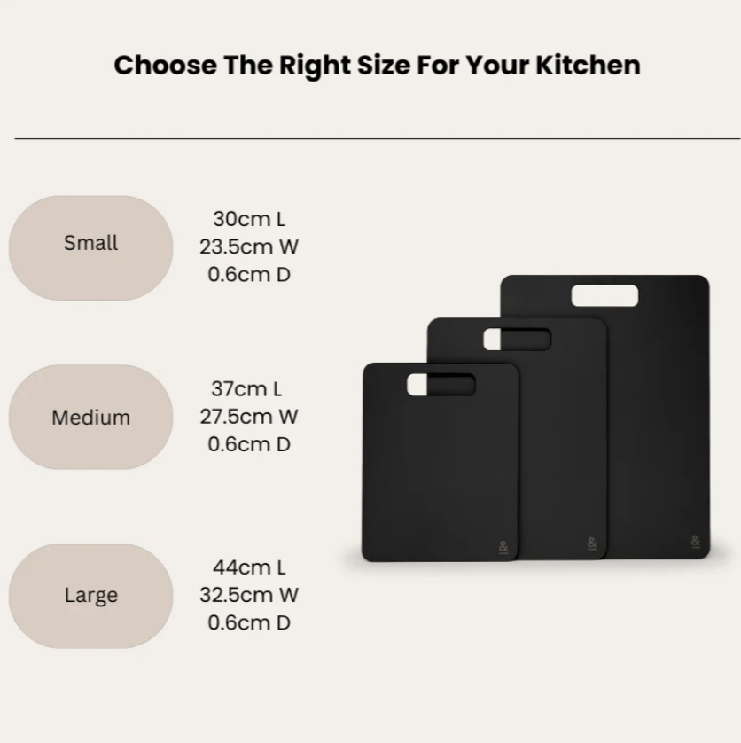 Seed & Sprout size guide graphic for Liquorice black wood fibre chopping boards displaying exact dimensions.