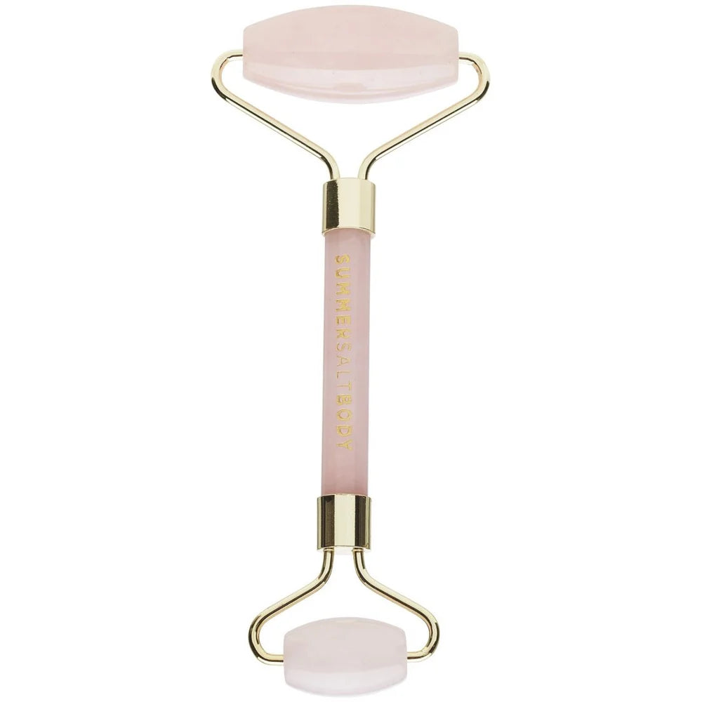 Summer Salt Body Rose Quartz Crystal Facial Roller in luxury gift box with storage pouch for facial massage and skincare