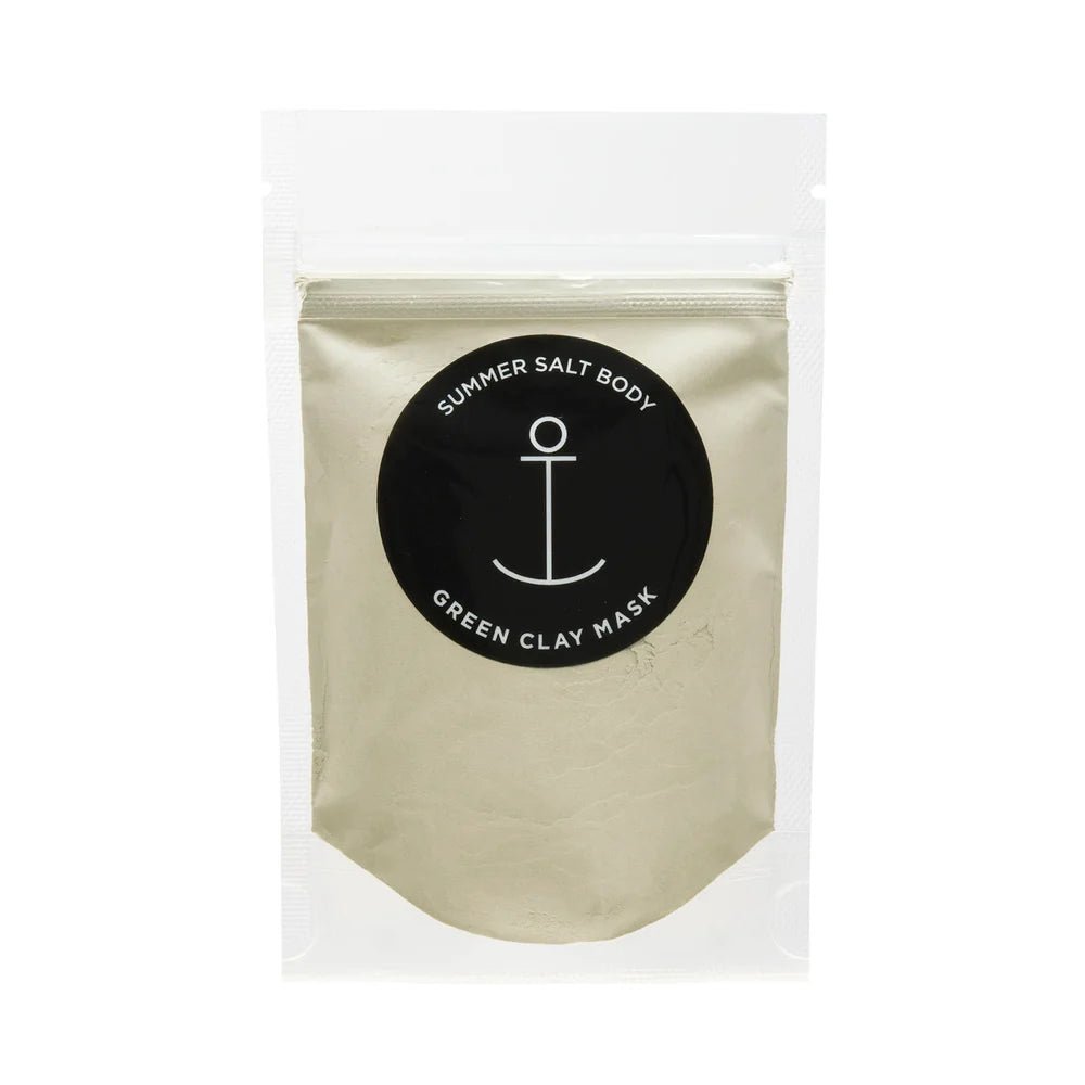 Summer Salt Body Green Clay Mask in cream resealable pouch with black anchor logo