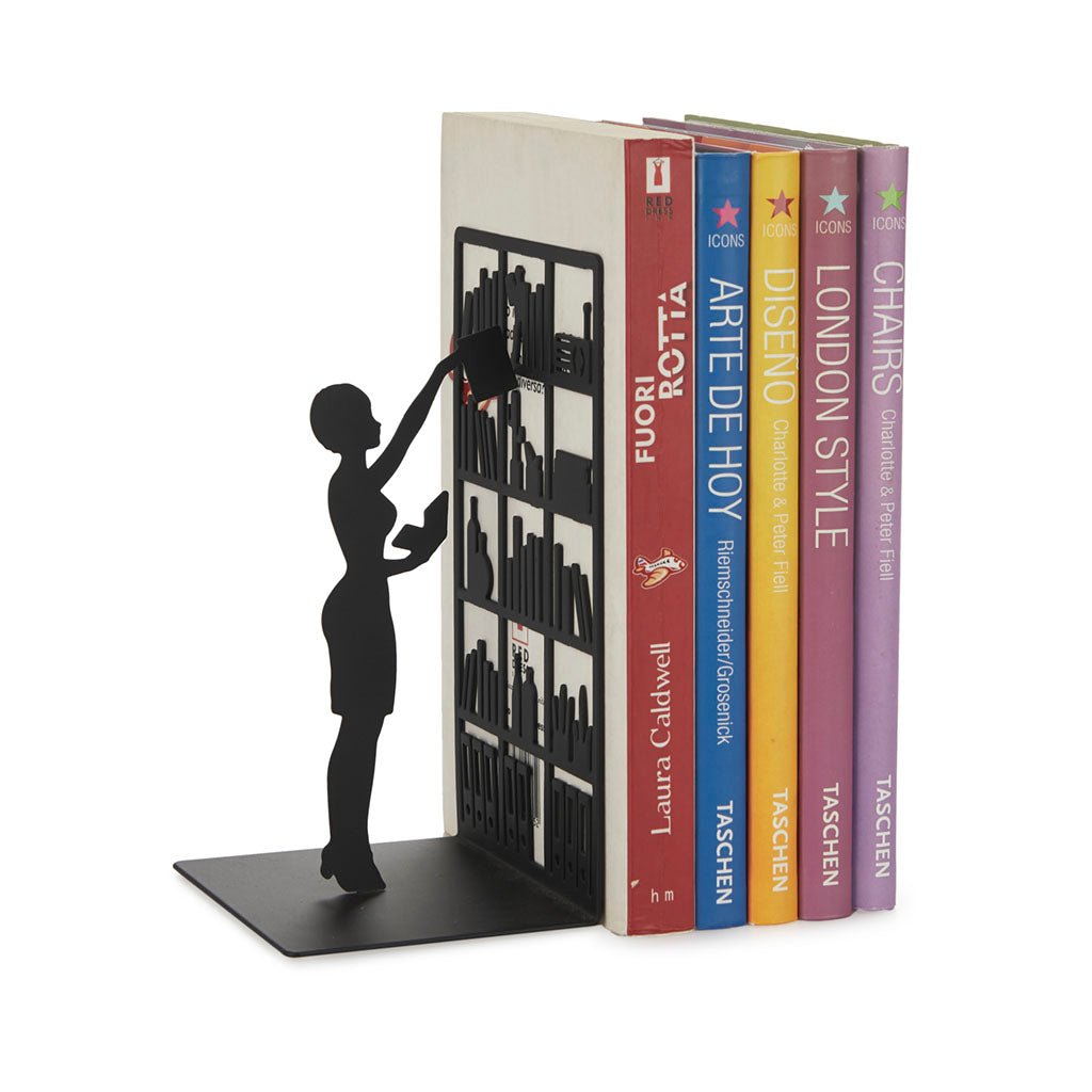 Balvi The Library Black Metal Decorative Bookend with Woman and Bookshelf Silhouette.