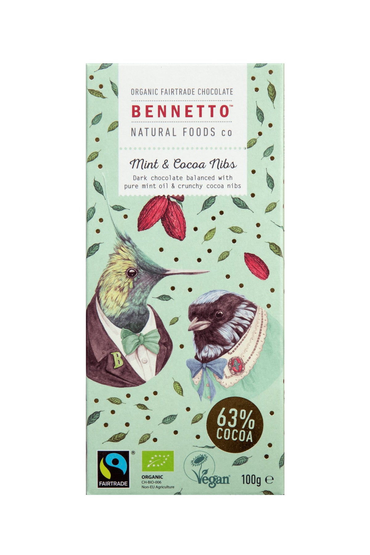 Bennettos Bennetto Organic Dark Chocolate Mint and Cocoa Nibs 100g #same day gift delivery melbourne#