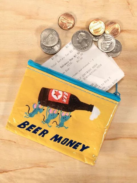 Blue Q Beer Money Recycled Coin Purse Novelty Zipper Pouch.