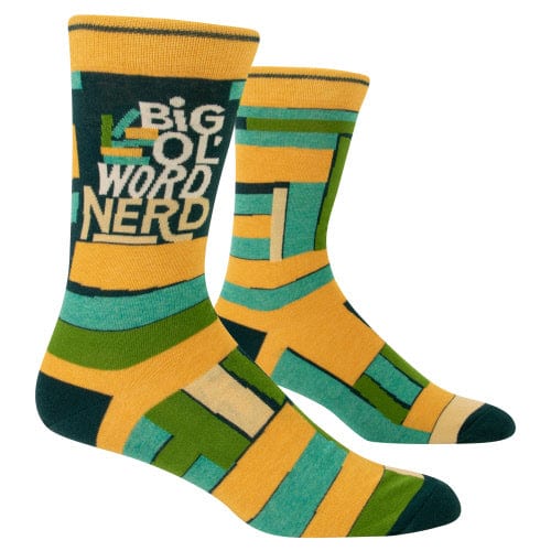 Blue Q "Big Ol' Word Nerd" Men's Crew Socks feature bold yellow, green, teal, and blue geometric patterns. It's a fun gift for smart men.