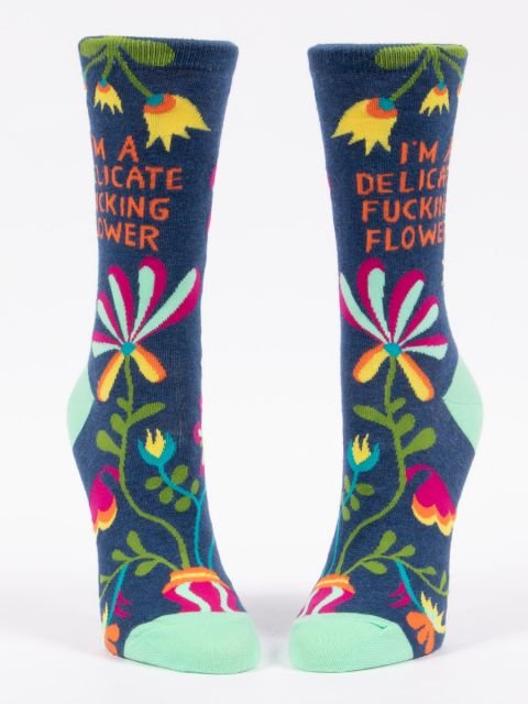Blue Q Im A Delicate Fucking Flower Womens Crew Socks Front Pair View Floral Socks.