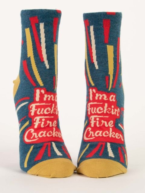 Blue Q Im A Fuckin Fire Cracker Womens Ankle Socks Teal Yellow Red Novelty Socks.