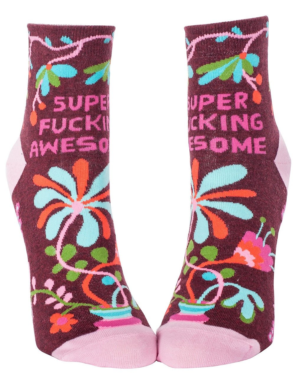 A pair of maroon Blue Q women's ankle socks featuring colorful floral illustrations and pink text reading "SUPER FUCKING AWESOME."