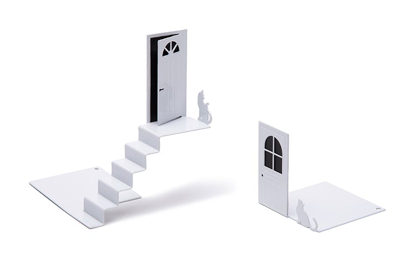 Bookstairs Pair of White Metal Decorative Bookends with Stairs Door and Cat Silhouettes from Peleg Design.