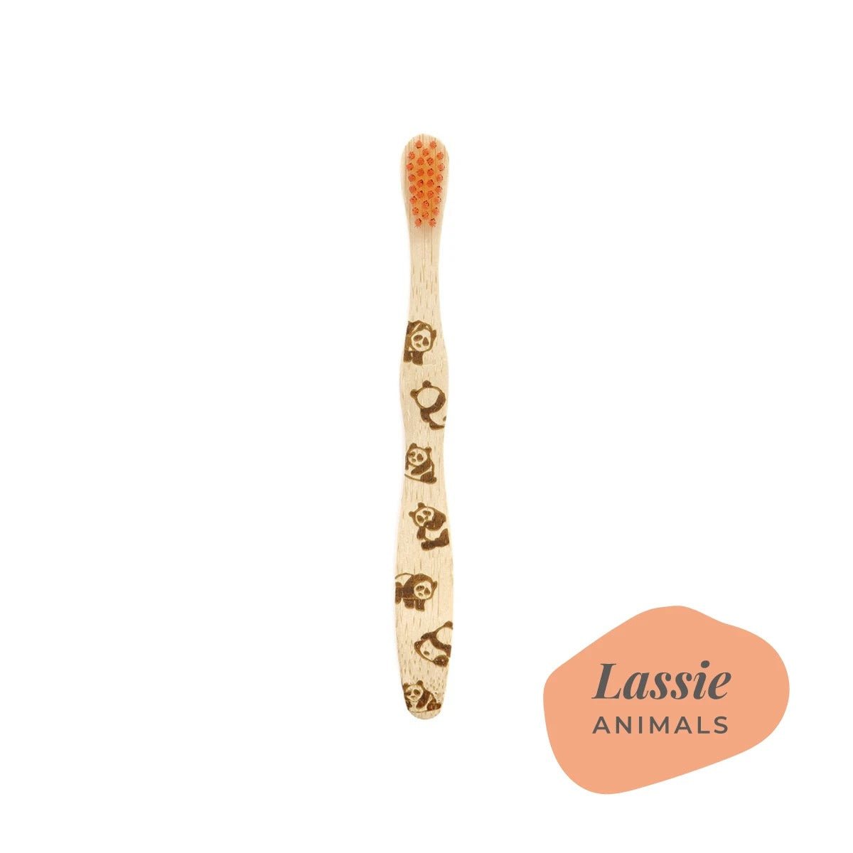 Brush It On Lassie kids bamboo toothbrush with panda handle engraving and orange bristles
