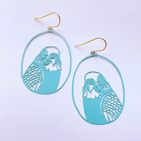DENZ Budgies in pale aqua, painted steel dangles
