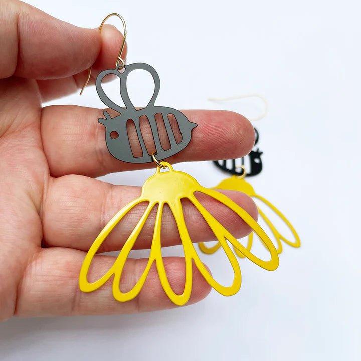 DENZ Bee Flowers in black + yellow - painted steel dangles