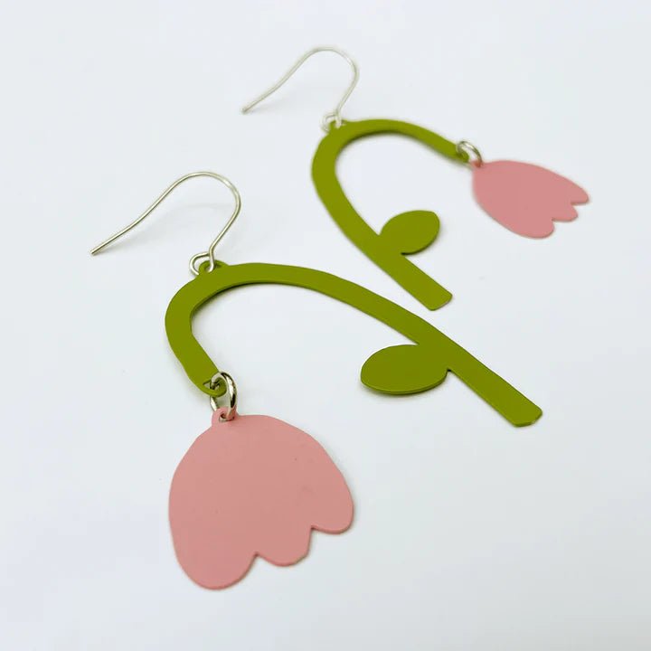 DENZ flower drops petal pink + green painted steel dangles