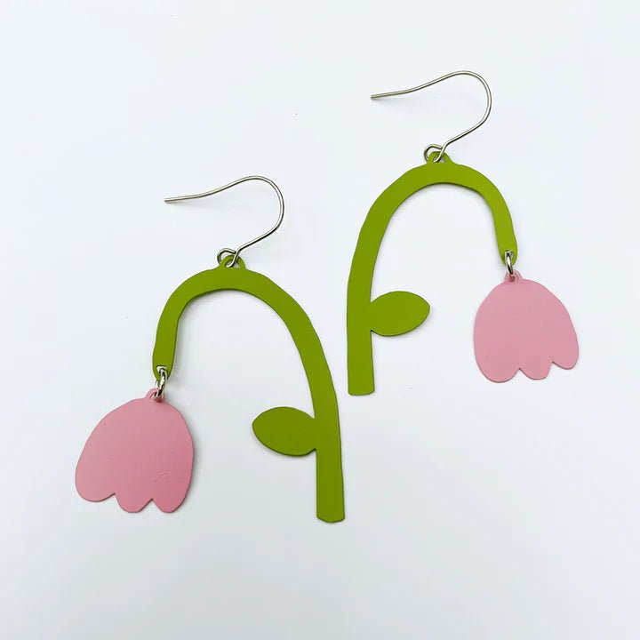 DENZ flower drops petal pink + green painted steel dangles