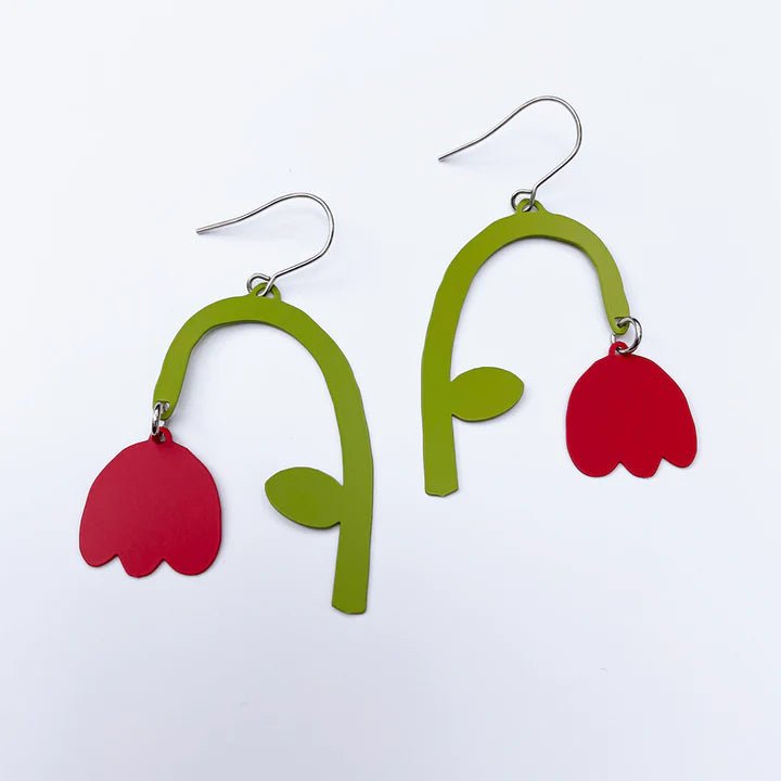 DENZ flower drops red + green painted steel dangles