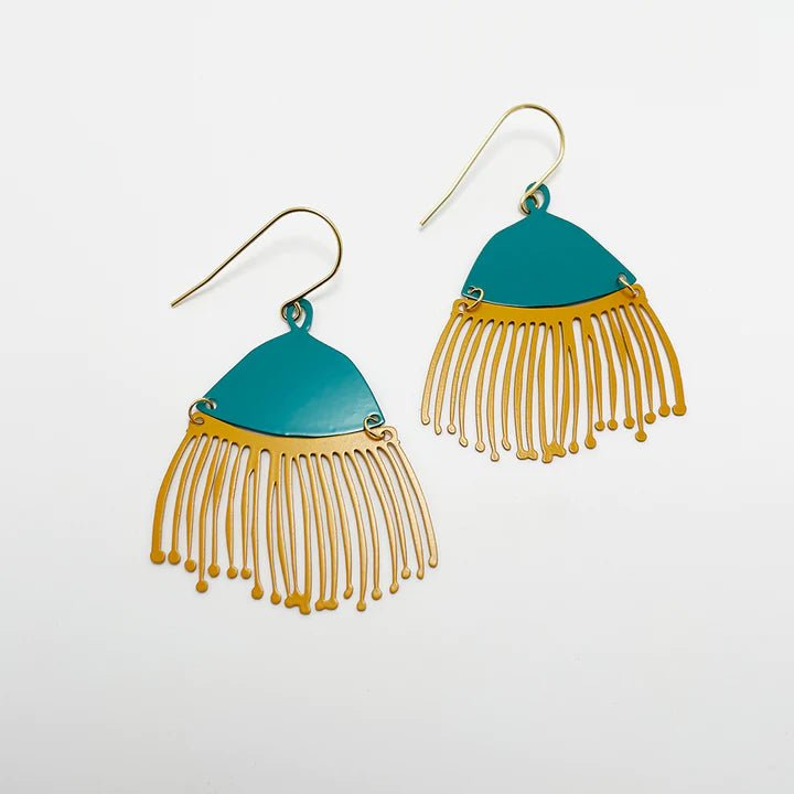 DENZ Gum Blossom dangles in Teal + Mustard - painted steel dangles