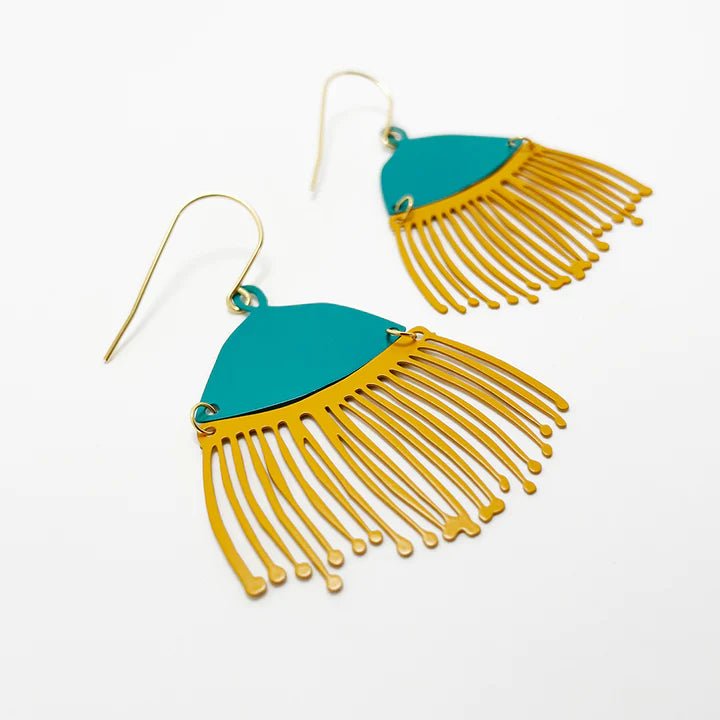 DENZ Gum Blossom dangles in Teal + Mustard - painted steel dangles
