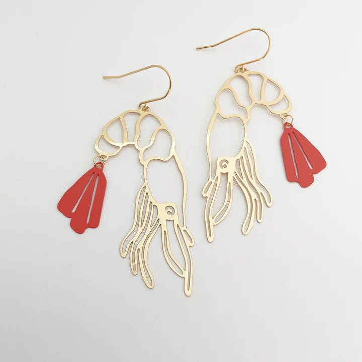 DENZ Prawn dangles in Gold + Coral - painted steel dangles