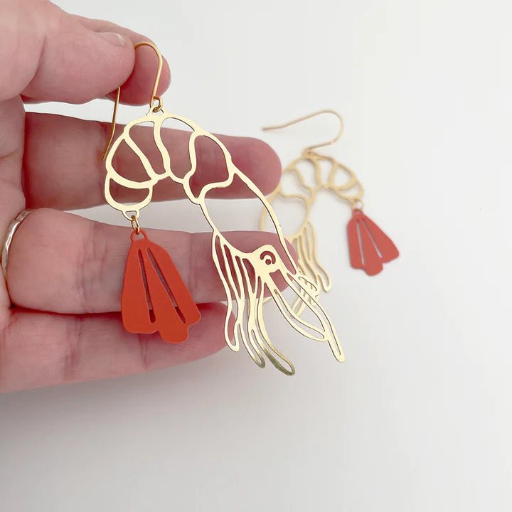 DENZ Prawn dangles in Gold + Coral - painted steel dangles