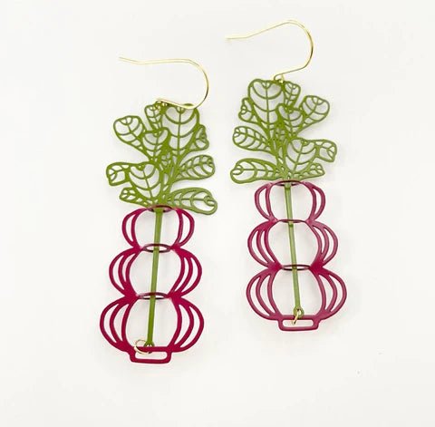 DENZ Vase with fiddle leaf fig - raspberry + avocado painted steel dangles