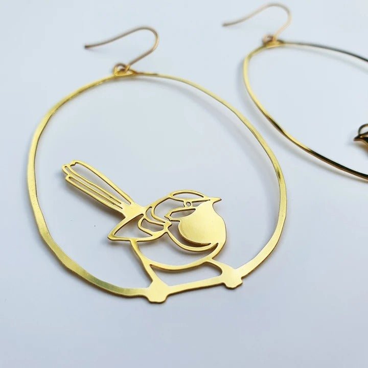 DENZ Fairy Wrens in Gold earrings, angled view