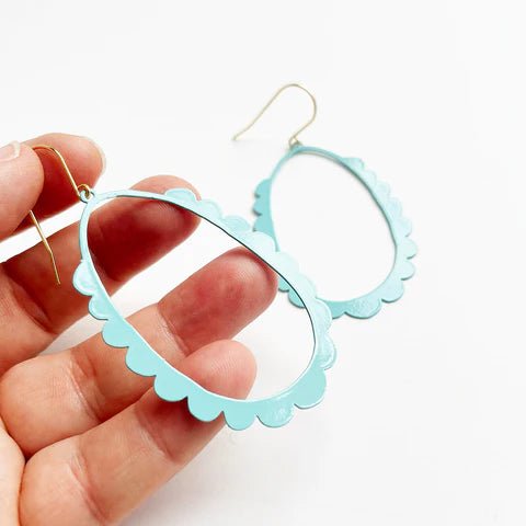 DENZ Scallop Hoops in pale aqua - painted steel dangles, held by hand