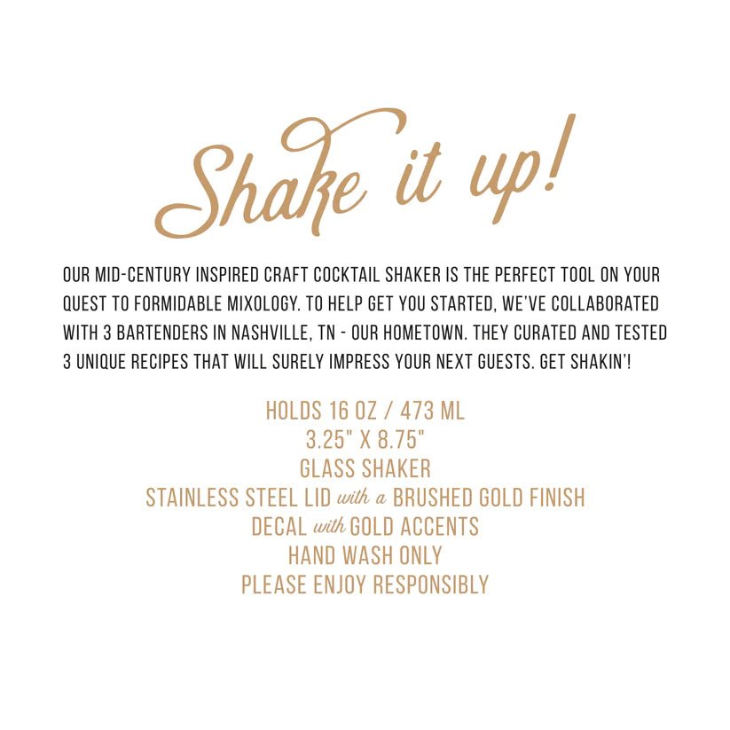 Gold Retro Recipe - Glass and Stainless Steel Cocktail Shaker 16 oz