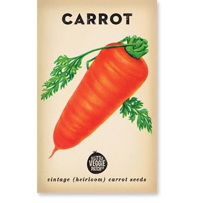 Packaging of 'Baby Amsterdam' heirloom carrot seeds showing an illustration of a single, large carrot with green leaves on a beige background with the brand name 'Little Veggie Patch Co'.