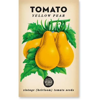 Little Veggie Patch Co Tomato 'Yellow Pear' vintage heirloom seeds packet with retro botanical art.