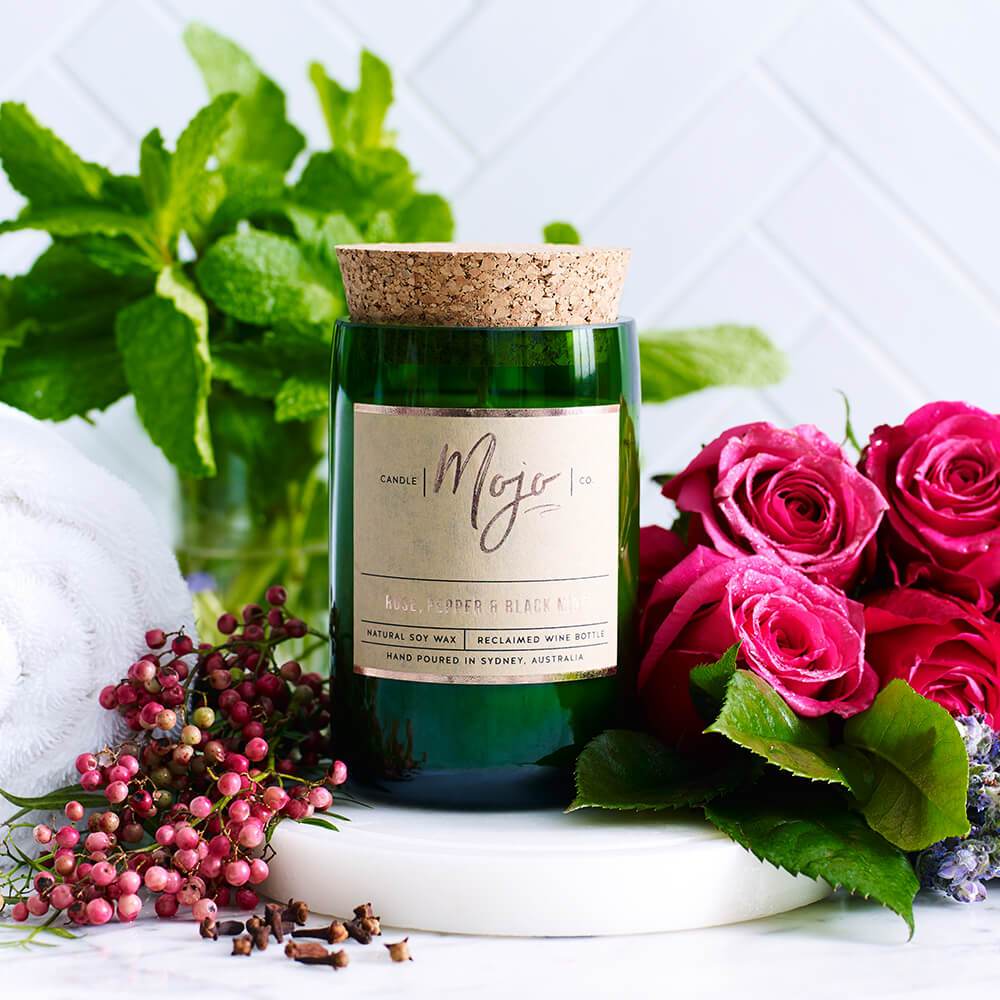 Mojo Rose, Pepper and Black Mint Wine Bottle Candle
