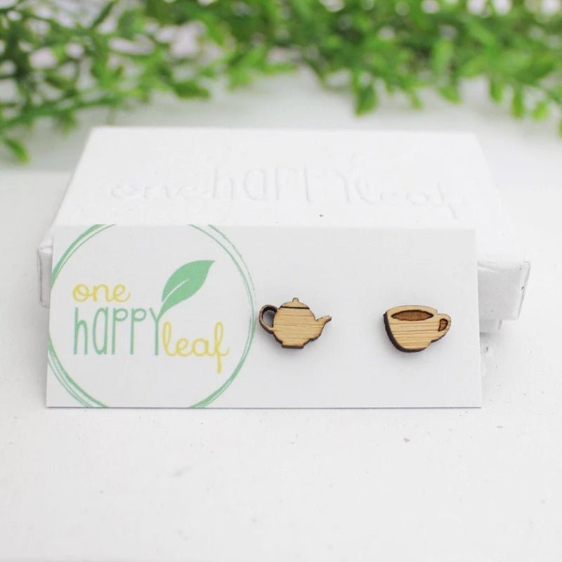 One Happy LeafOne Happy Leaf Tea pot and tea cup Studs #same day gift delivery melbourne#
