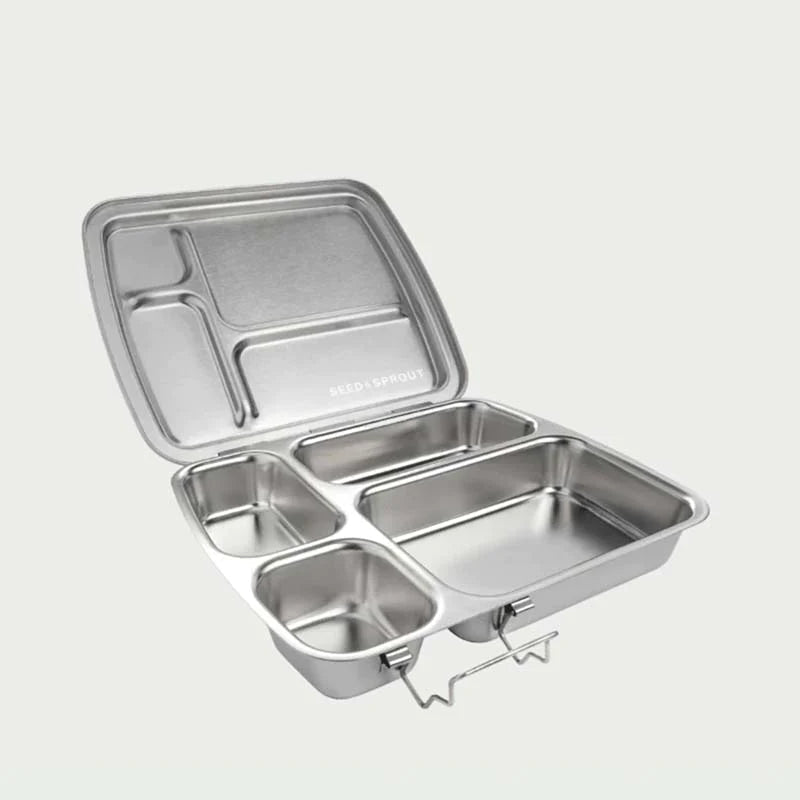 eed & Sprout Large CrunchBox stainless steel bento lunch box open to display multiple interior compartments and a secure latch.