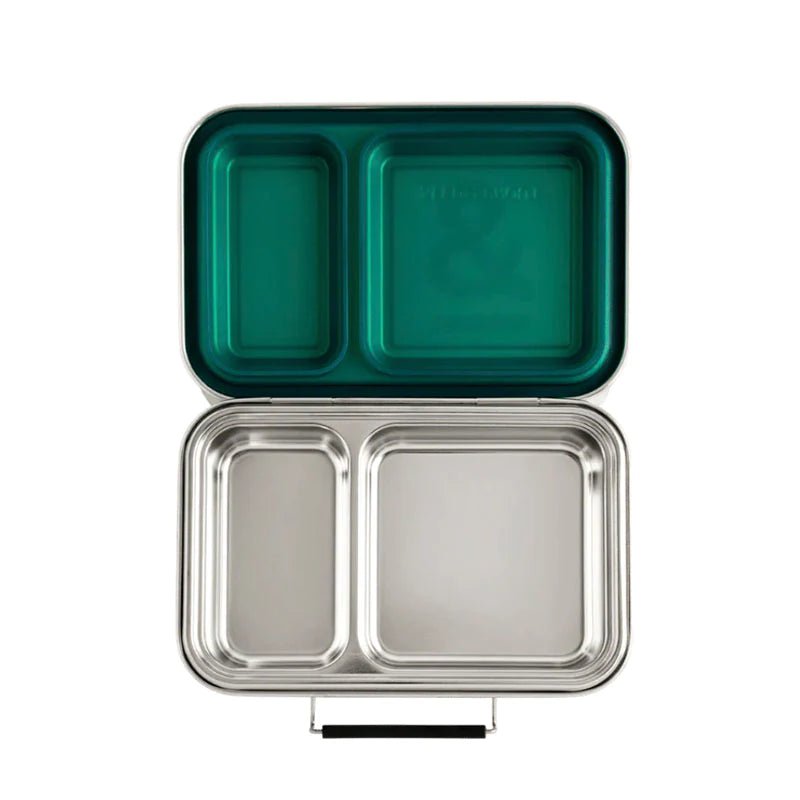 Seed & Sprout Mini CrunchBox stainless steel lunch box open to show two divided internal compartments and a juniper silicone-lined lid.